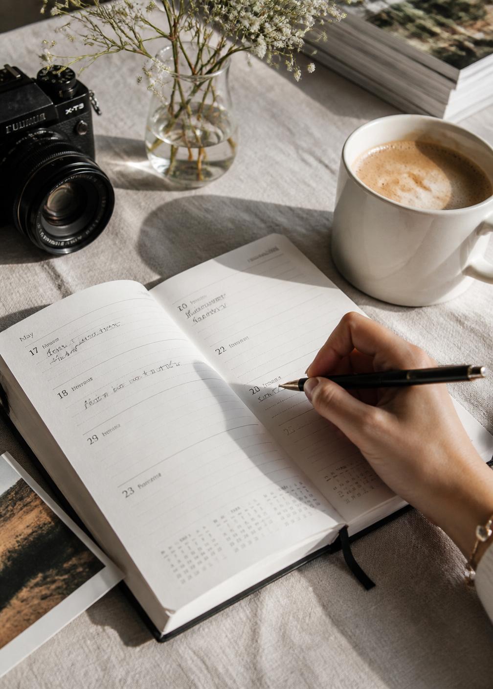 Agenda aperta, macchina fotografica e caffè sullo studio