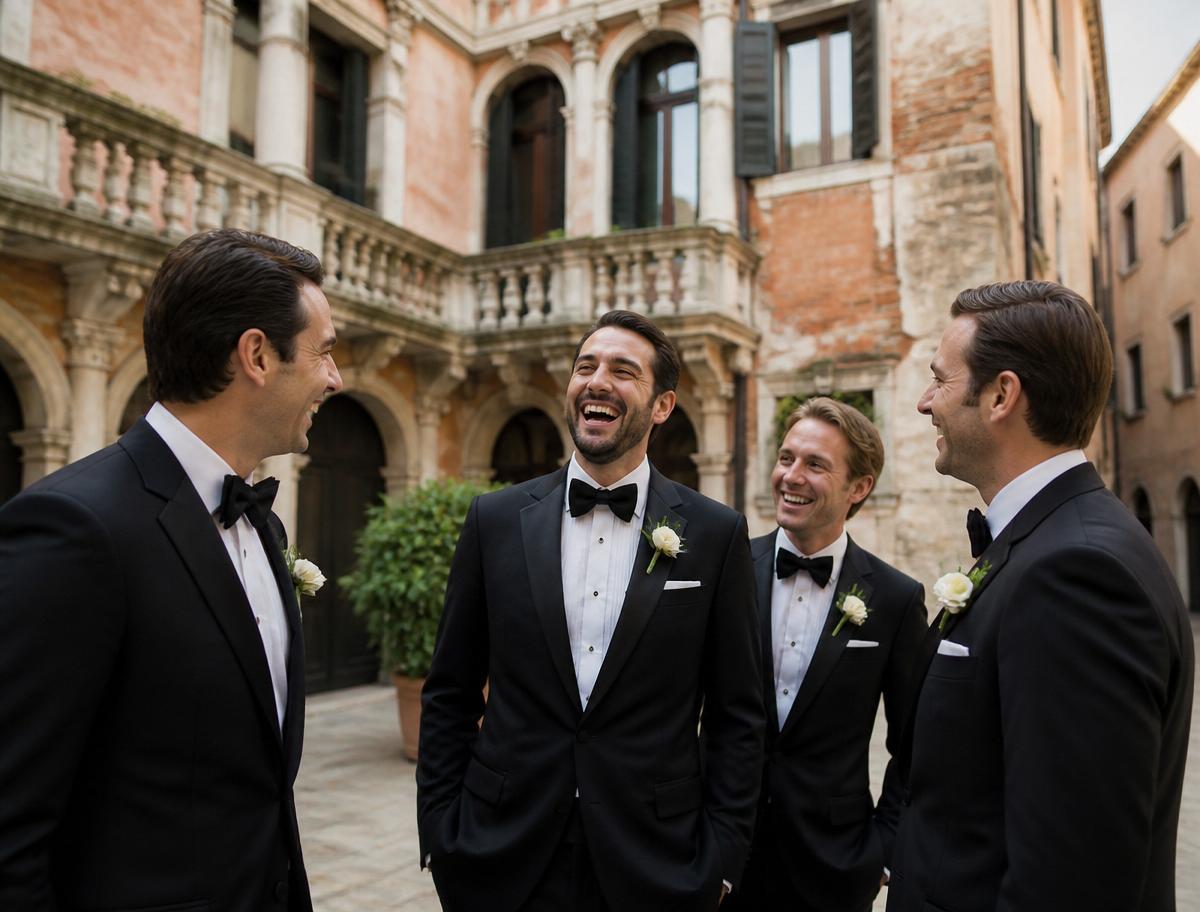 Lo sposo ride con i testimoni prima della cerimonia