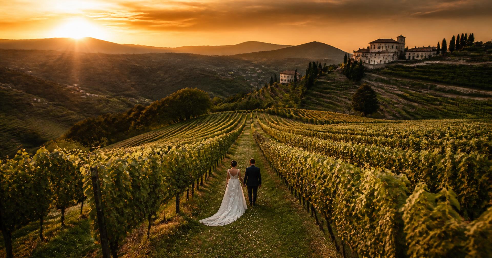Sposi che camminano nei vigneti del Prosecco al tramonto