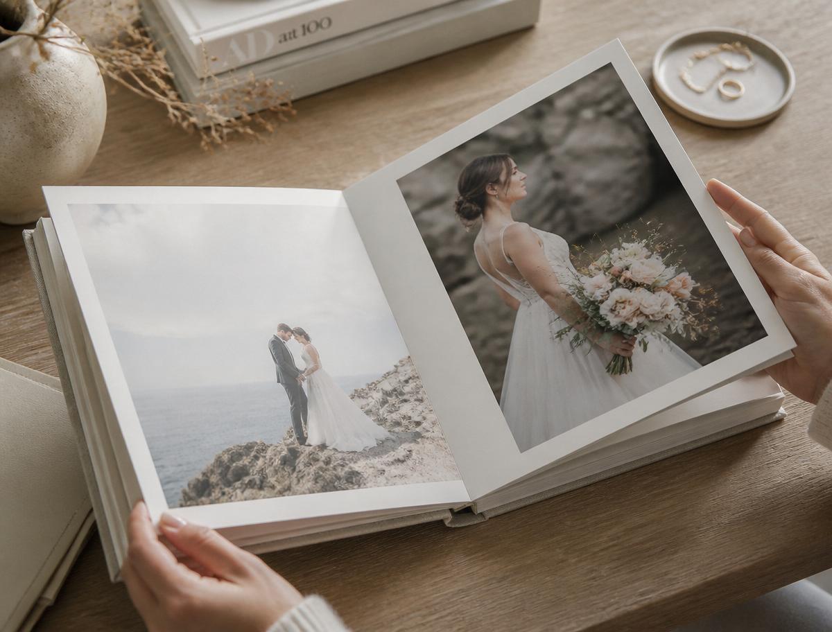 Album fine art di matrimonio aperto su un tavolo di legno